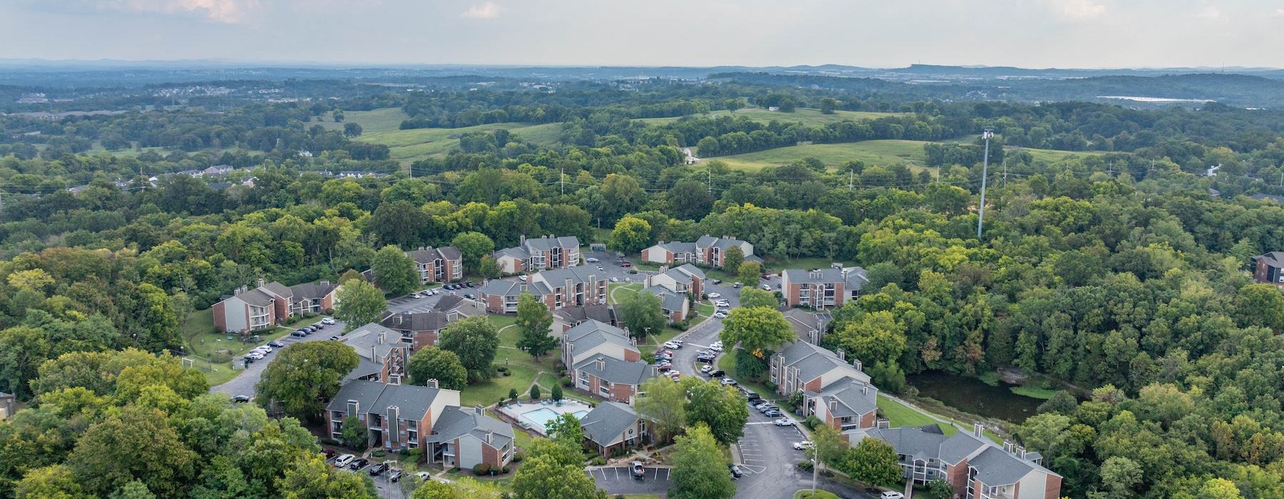 a landscape with trees and buildings