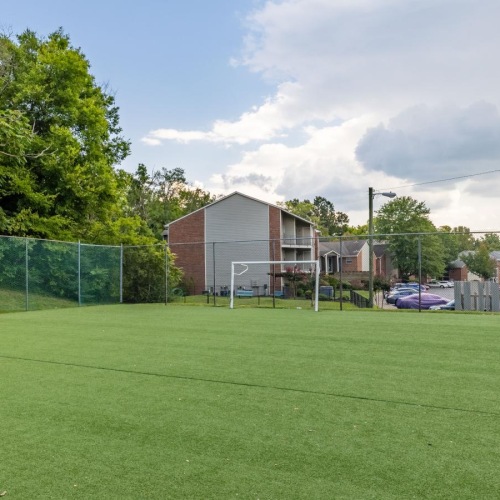 a large green field with a fence and trees in the background