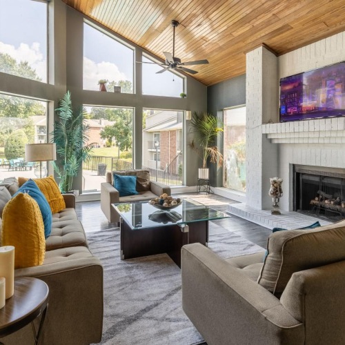 a living room with a fireplace